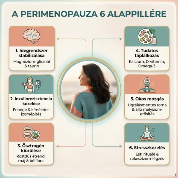 Infografika a perimenopauza 6 alappilléréről: idegrendszer stabilizálása, inzulinrezisztencia kezelése, ösztrogén kiürülése, tudatos táplálkozás, okos mozgás és stresszkezelés.