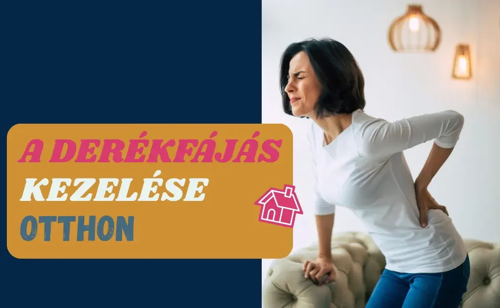 Derékfájás kezelése otthon: kanapéra támaszkodó, fájdalmas derekú nő a nappaliban