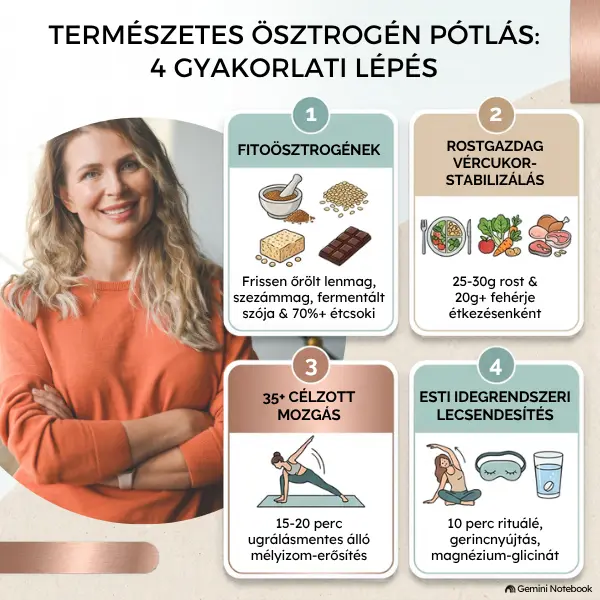 Infografika a természetes ösztrogén pótlás 4 gyakorlati lépéséről 40 felett: fitoösztrogének, rostgazdag vércukor-stabilizálás, 35+ célzott mozgás és esti idegrendszeri lecsendesítés.