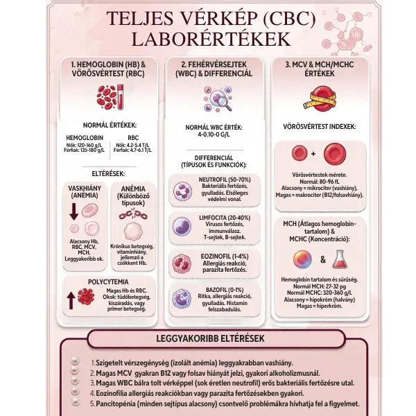 Teljes vérkép CBC laborértékek infografika nőknek, Hemoglobin, RBC, MCV, fehérvérsejt referenciatartományok és a leggyakoribb eltérések magyarázata.